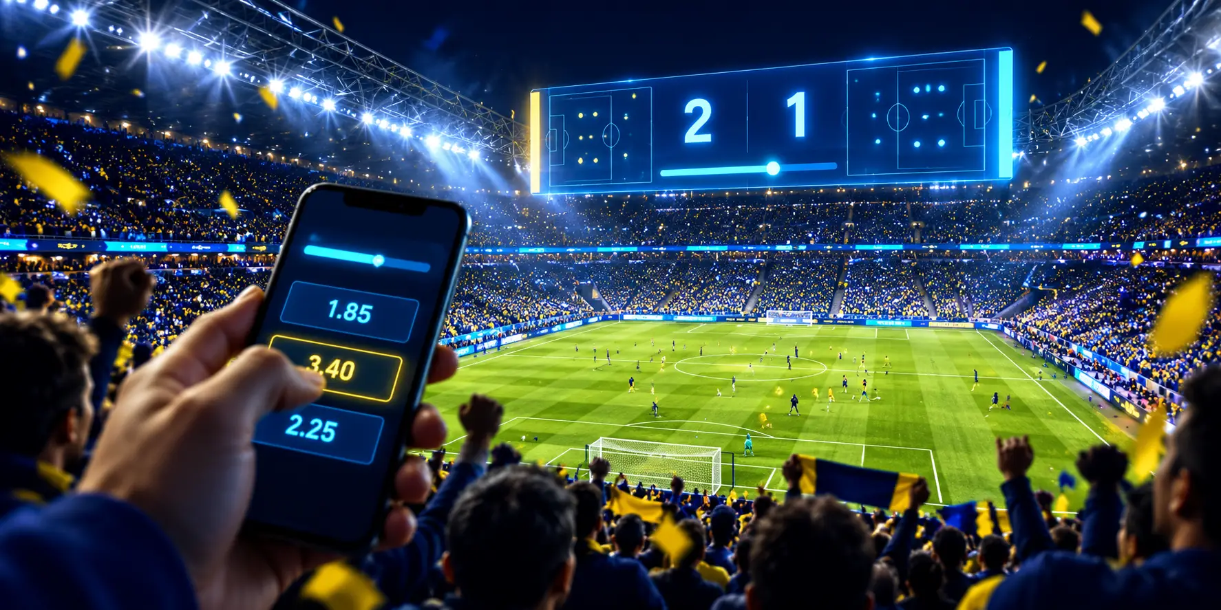 Estadio de noche visto desde la grada con un marcador de cuotas en directo, las apuestas de Betscore