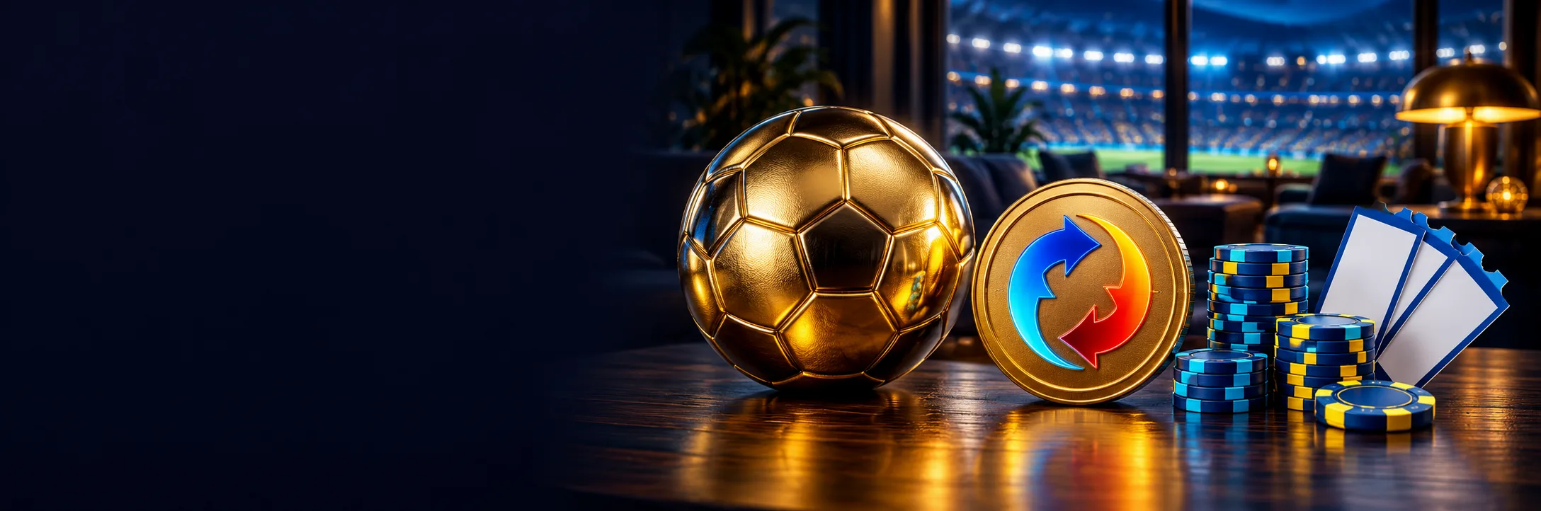 Balón dorado, fichas de casino y boletos de apuesta sobre una mesa con el estadio al fondo
